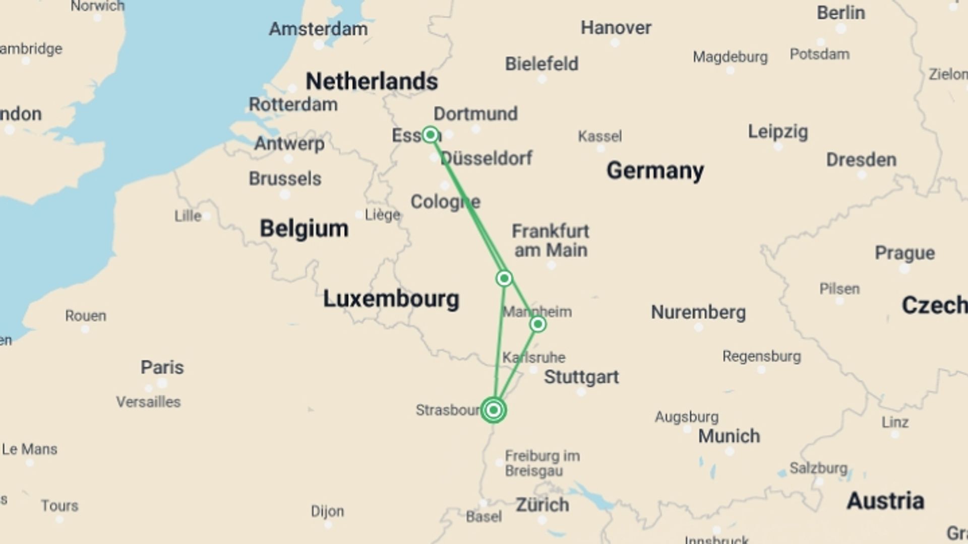 A map showing the tour itinerary for the trip: Rhine in Flames in Oberwesel - Magical Fireworks over the Water (port-to-port cruise), starting in Strasbourg, France and ending in Strasbourg, France going through 3 other destinations.