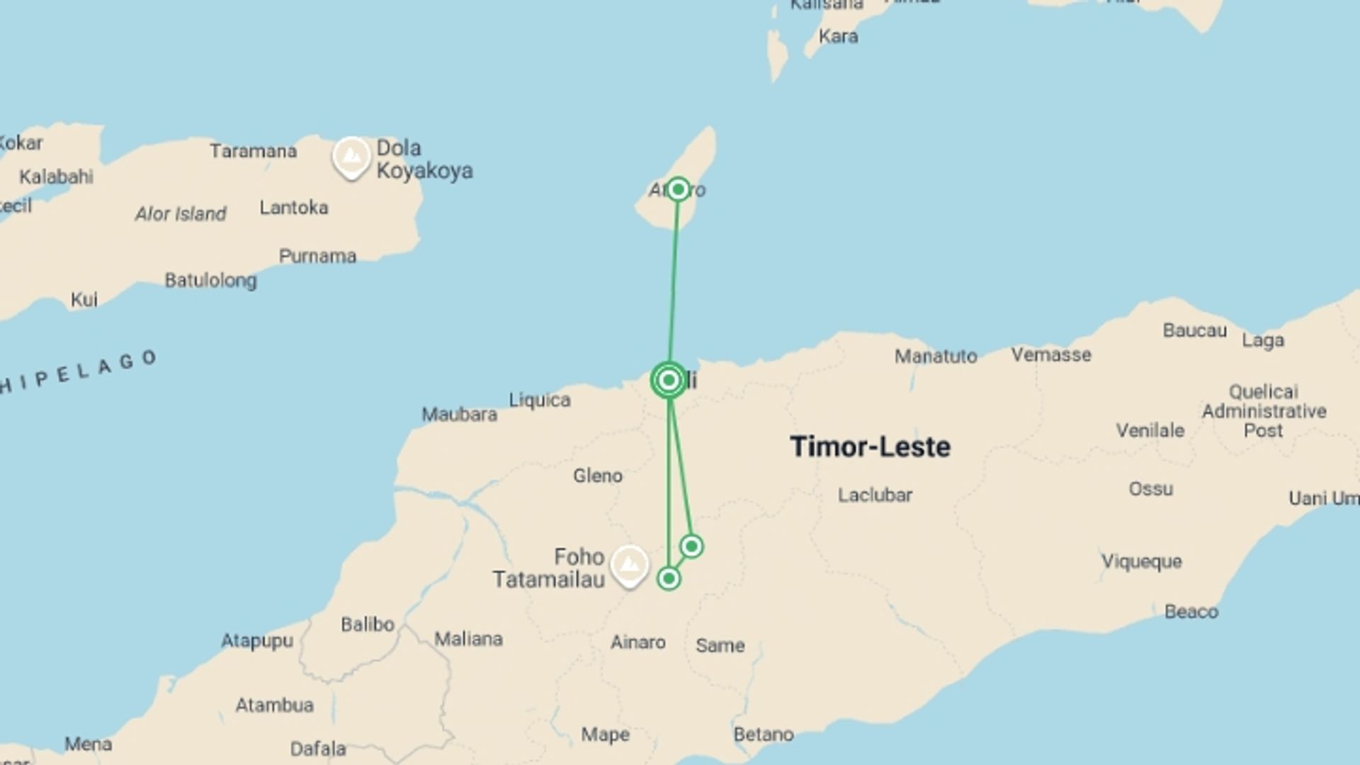 A map showing the tour itinerary for the trip: Timor-Leste Expedition, starting in Dili, Indonesia and ending in Dili, Indonesia going through 3 other destinations.