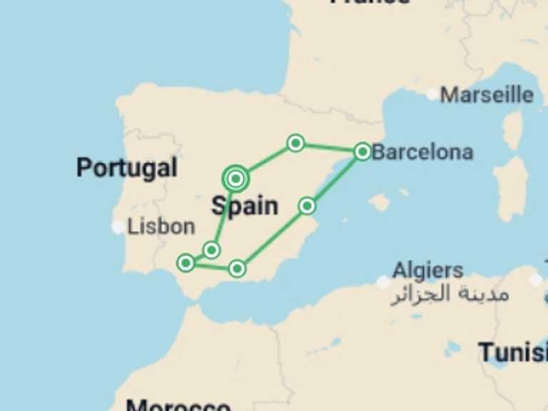 Map of 7-Day Madrid Tour with 5 destination visits for the trip: Jewels of Andalucia & Barcelona - 7 days