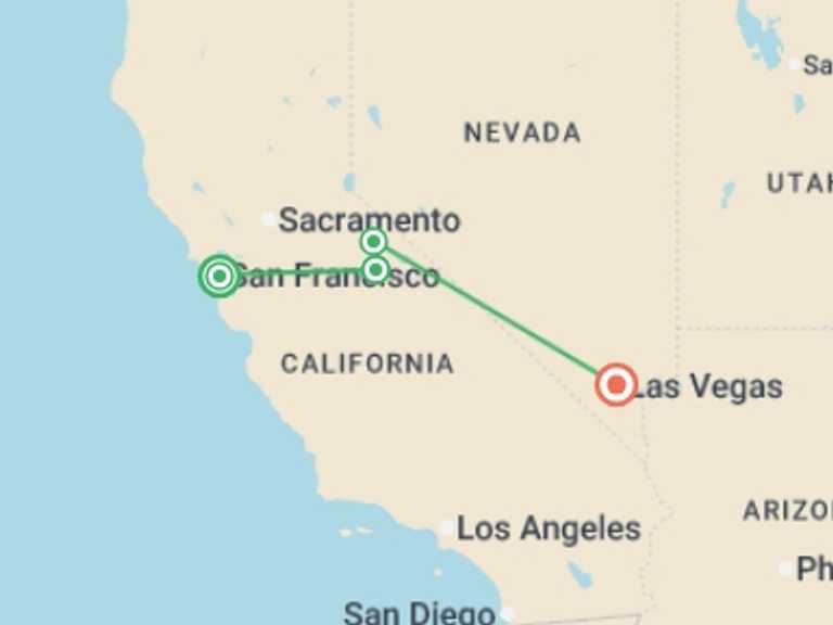 Map itinerary of USA Tour in Spring with 4 destination visits for the trip: One Week from San Francisco to Vegas