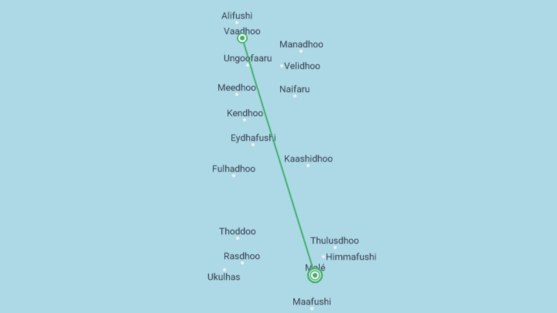 A map showing the tour itinerary for the trip: Maldivian Delight, Private Tour, starting in Male, Maldives and ending in Male, Maldives going through 1 other destinations.