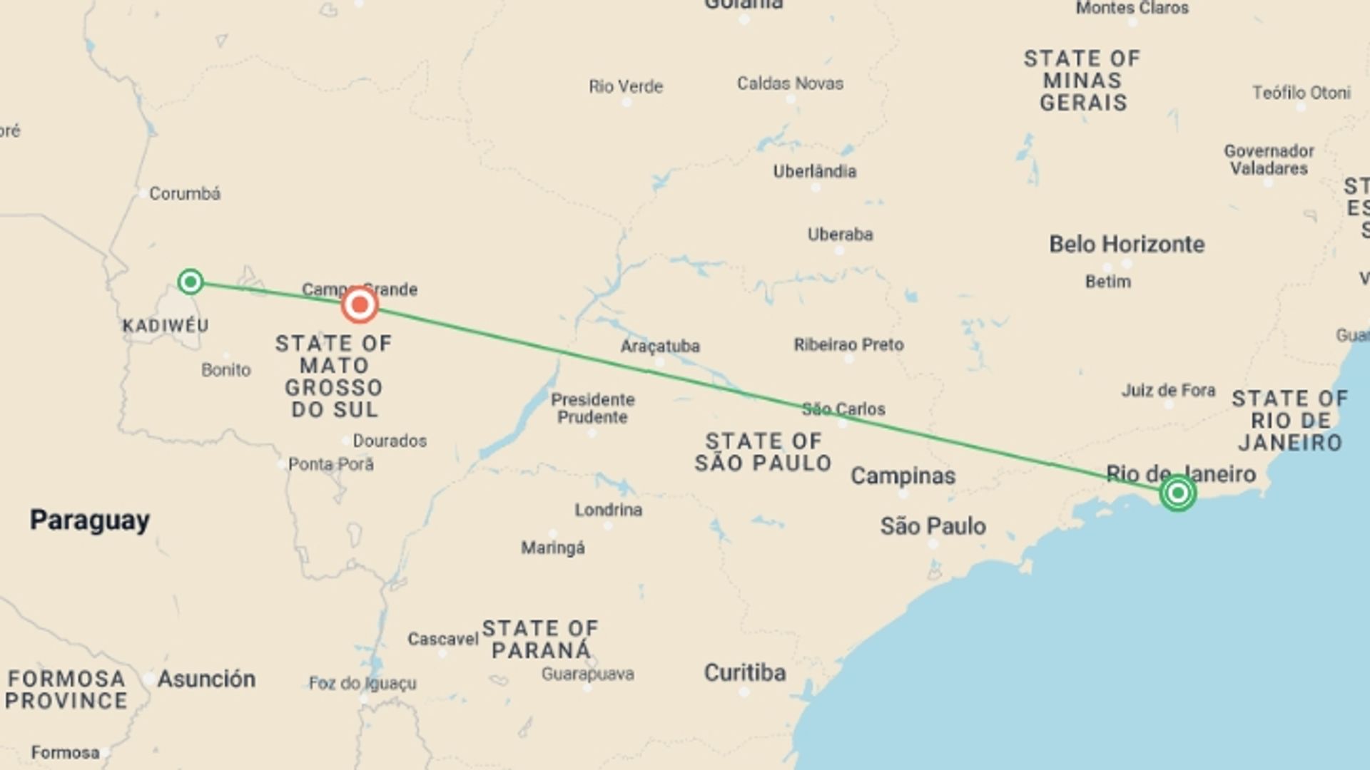 A map showing the tour itinerary for the trip: Rio de Janeiro & Pantanal Wildlife, starting in Rio de Janeiro, Brazil and ending in Campo Grande, Brazil going through 1 other destinations.