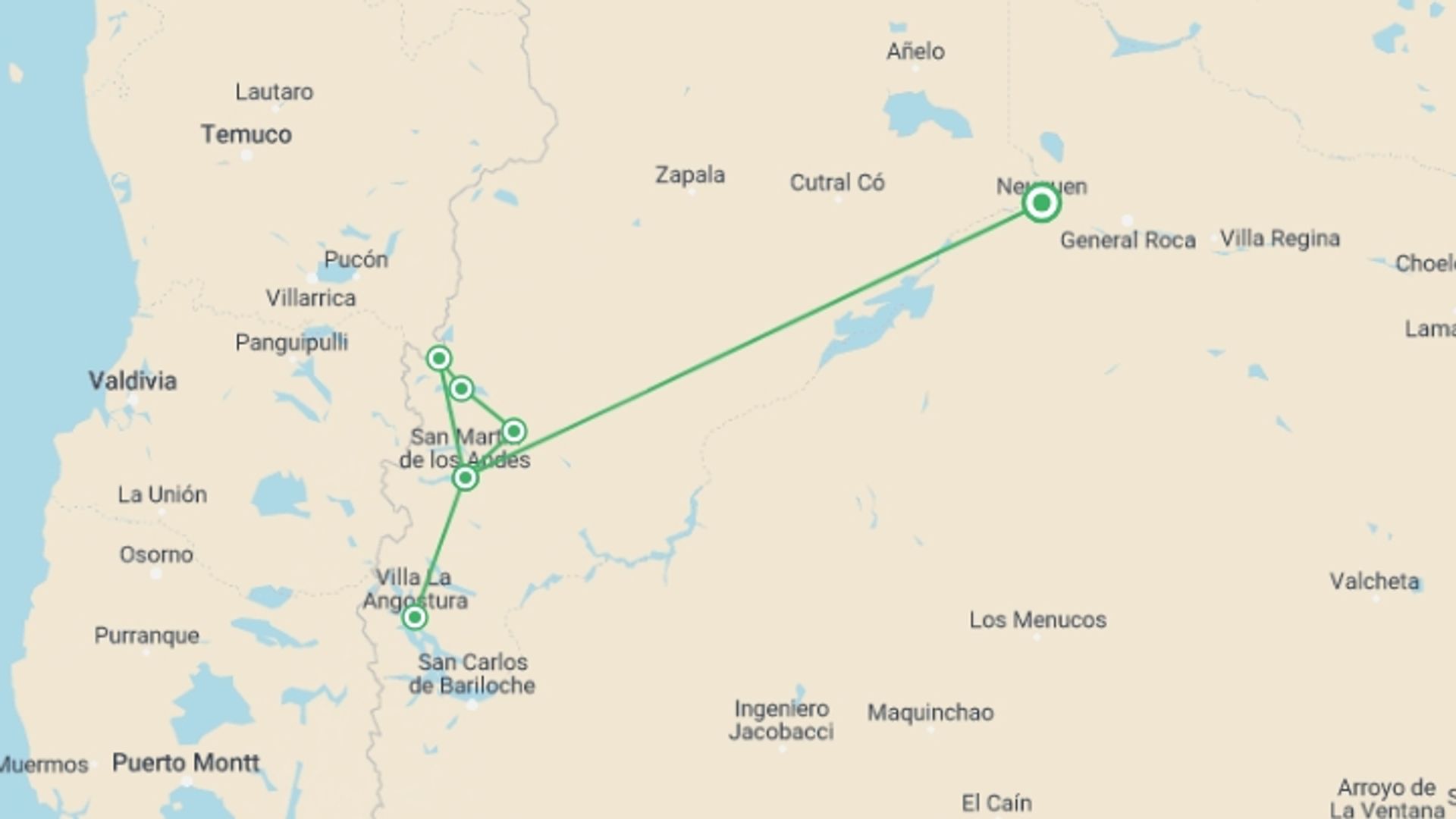 A map showing the tour itinerary for the trip: 4-Day Trip in San Martin de los Andes, starting in Neuquen, Argentina and ending in Neuquen, Argentina going through 1 other destinations.