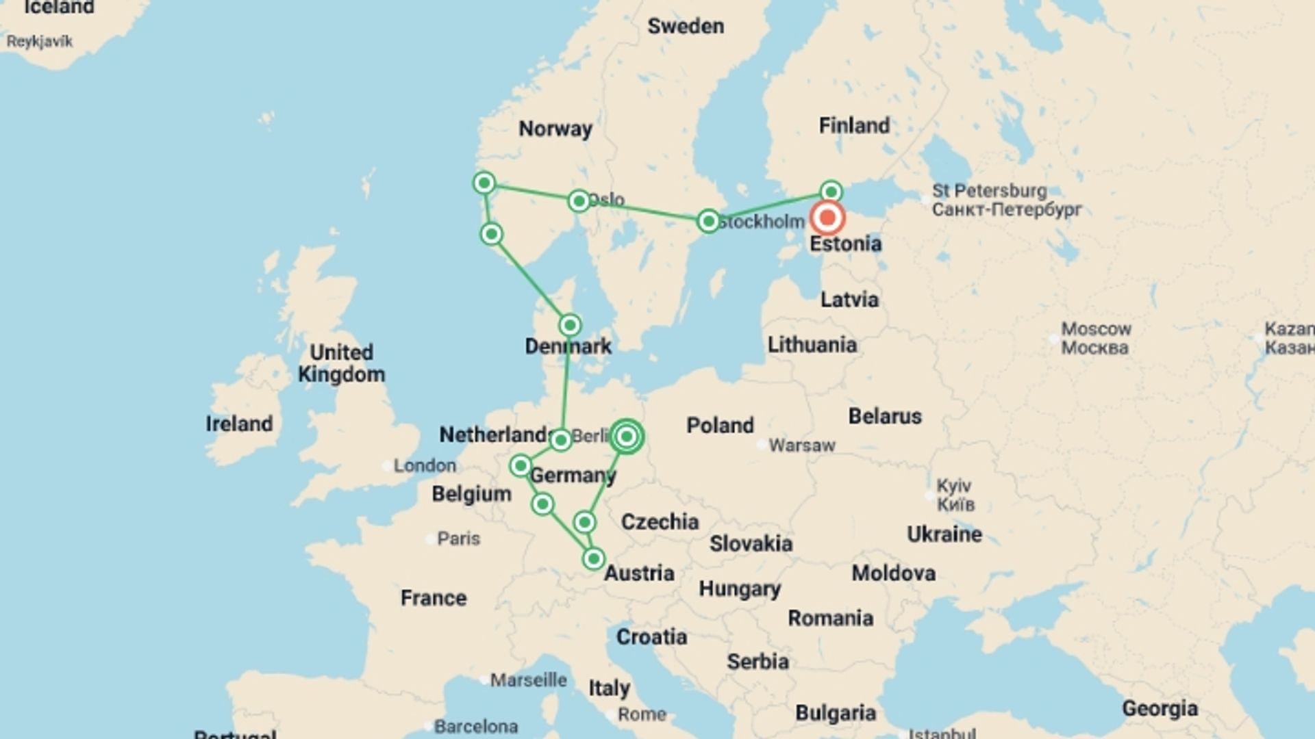 A map showing the tour itinerary for the trip: North of Europe, starting in Berlin, Germany and ending in Tallinn, Estonia going through 11 other destinations.