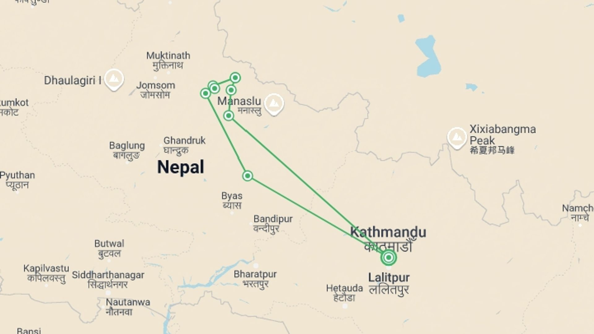 A map showing the tour itinerary for the trip: Nar Phu Valley Trek, starting in Kathmandu, Nepal and ending in Kathmandu, Nepal going through 8 other destinations.
