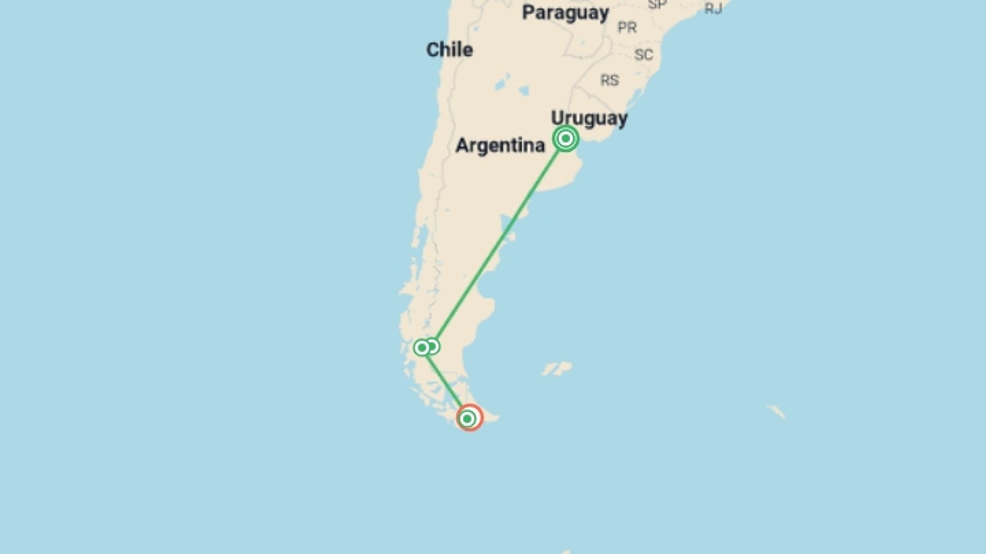 A map showing the tour itinerary for the trip: Argentina: Buenos Aires, Calafate & Ushuaia - 7 days, starting in Buenos Aires, Argentina and ending in Ushuaia, Argentina going through 4 other destinations.