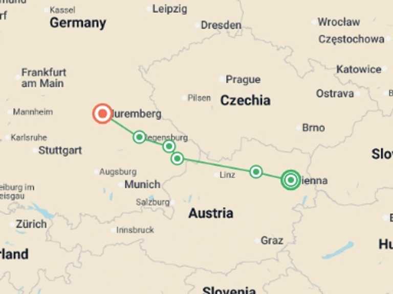 Map itinerary of Vienna Tour in July 2027 with 6 destination visits for the trip: Vineyards & Palaces along the Danube (2027)