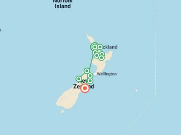 Map of Oceania Tour with 9 destination visits for the trip: Budget Auckland, Abel Tasman & Christchurch - 14 days