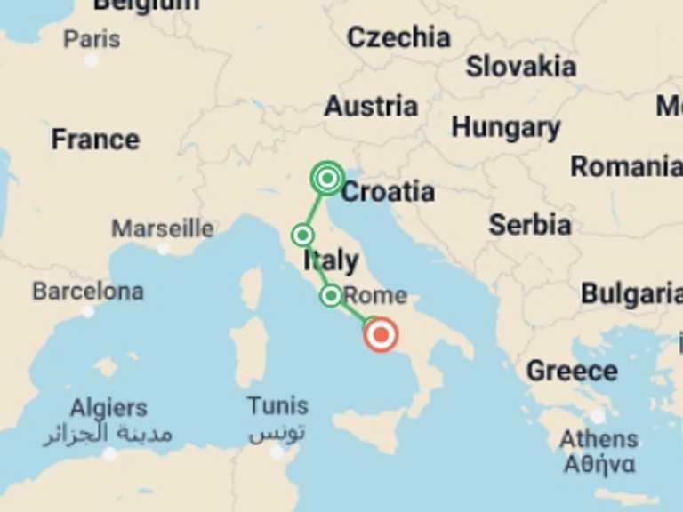 Map of a Cultural, religious and historic sites Tour with 8 destination visits for the trip: Italian Wonders: Venice to the Amalfi Coast