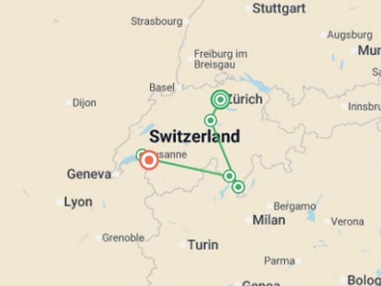 Map itinerary of Switzerland Tour in June 2026 with 6 destination visits for the trip: Discover Switzerland by Rail