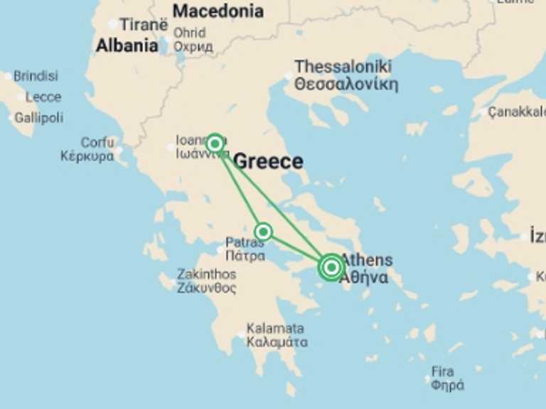 Map itinerary of Greece Tour in February 2027 with 2 destination visits for the trip: Jewels of Greece Express - 5 Days