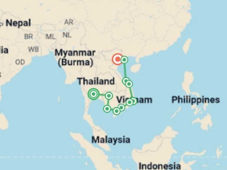 Map of Hanoi Kayaking and canoeing Tour with 11 destination visits for the trip: Bangkok to Hanoi (via Cambodia) Travel Pass
