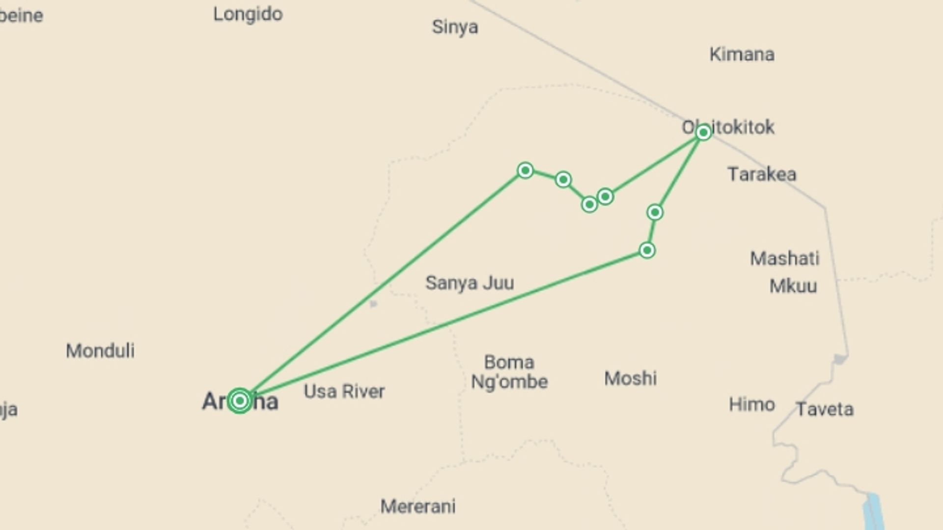 A map showing the tour itinerary for the trip: Kilimanjaro - Remote Northern Circuit, starting in Arusha, Tanzania and ending in Arusha, Tanzania going through 8 other destinations.
