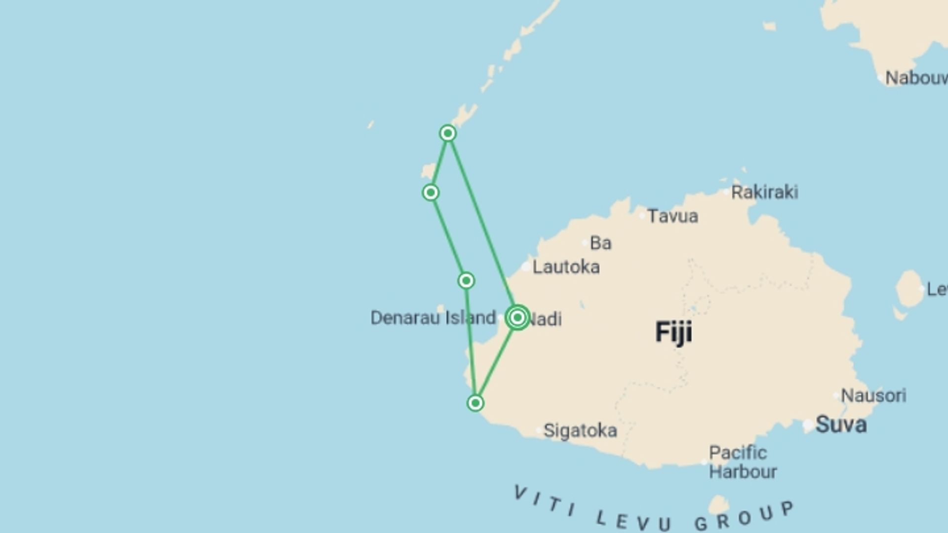 A map showing the tour itinerary for the trip: Fiji Five Islands Experience 10D/9N, starting in Nadi, Fiji and ending in Nadi, Fiji going through 4 other destinations.
