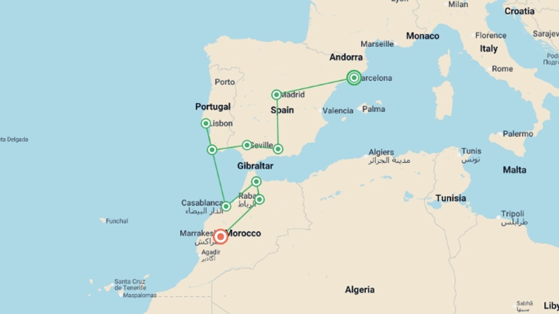 A map showing the tour itinerary for the trip: Spain, Portugal & Morocco: Tapas, Medinas & Sunsets, starting in Barcelona, Spain and ending in Marrakech, Morocco going through 8 other destinations.