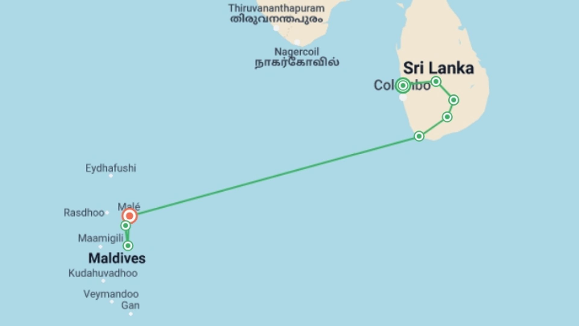 A map showing the tour itinerary for the trip: Sri Lanka & Maldives Adventure, starting in Negombo, Sri Lanka and ending in Male, Maldives going through 6 other destinations.