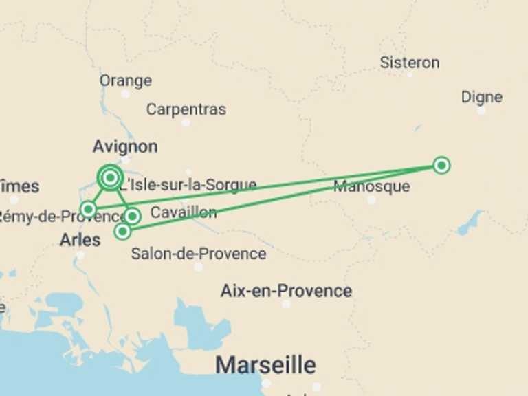 Map of a Bicycle Tour with 6 destination visits for the trip: Provence Backroads