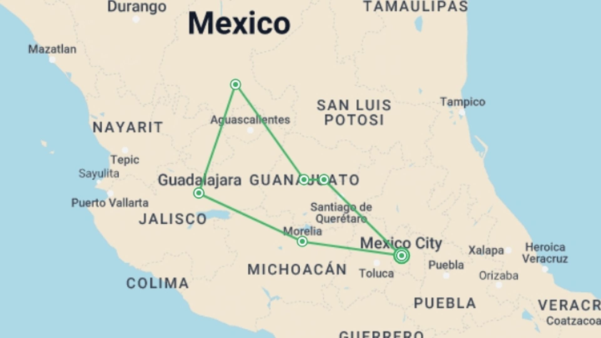 A map showing the tour itinerary for the trip: Colonial Treasures Of Mexico, starting in Mexico City, Mexico and ending in Mexico City, Mexico going through 5 other destinations.