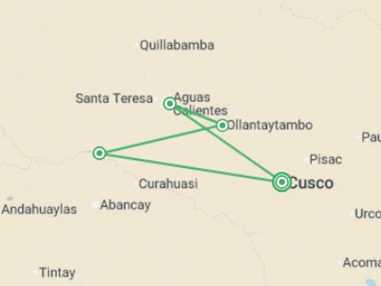 Map of Peru Tour with 4 destination visits for the trip: Choquequirao to Machu Picchu Express