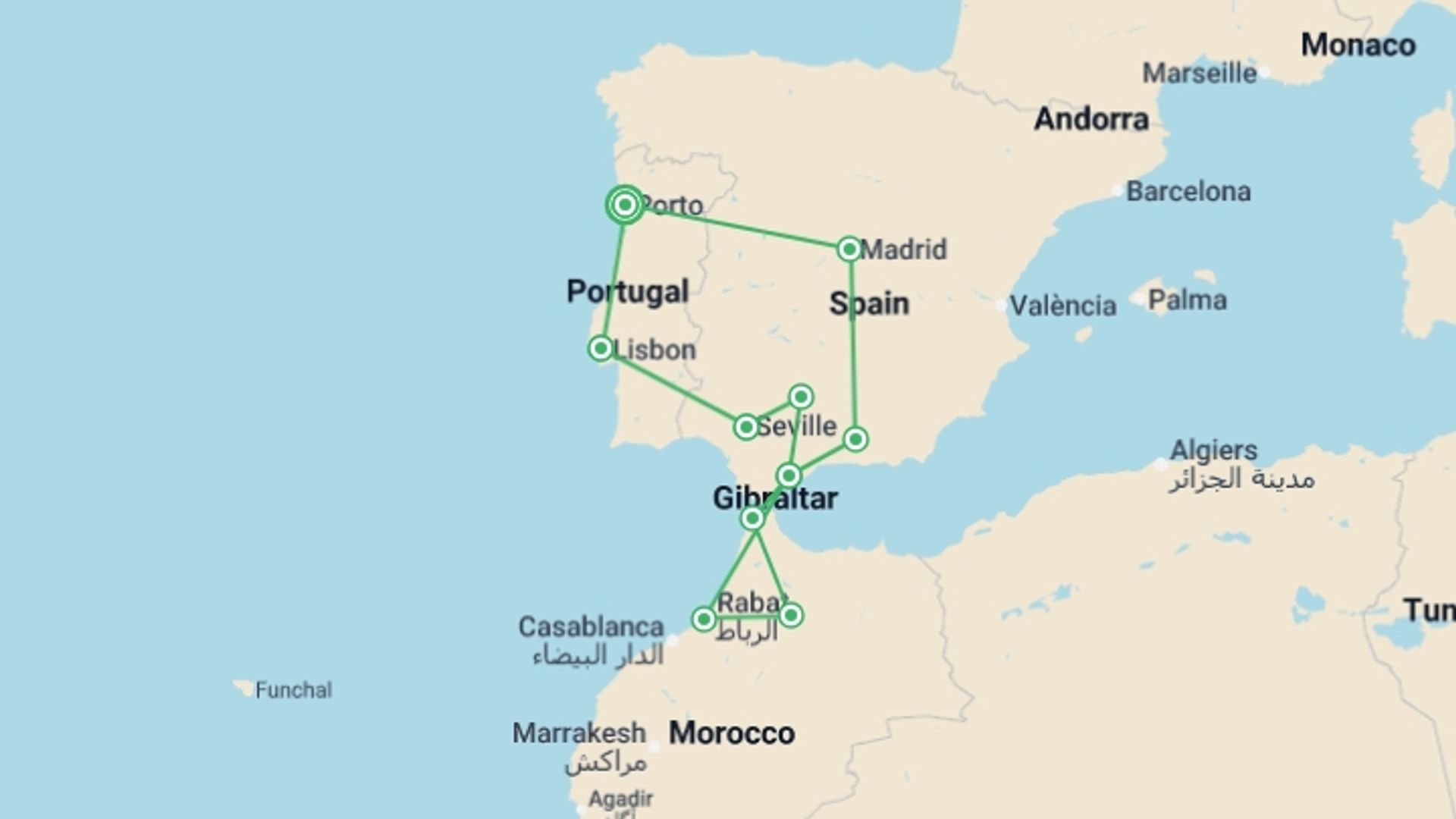 A map showing the tour itinerary for the trip: Porto to Lisbon, Andalucia & Morocco - 15 days, starting in Porto, Portugal and ending in Porto, Portugal going through 9 other destinations.