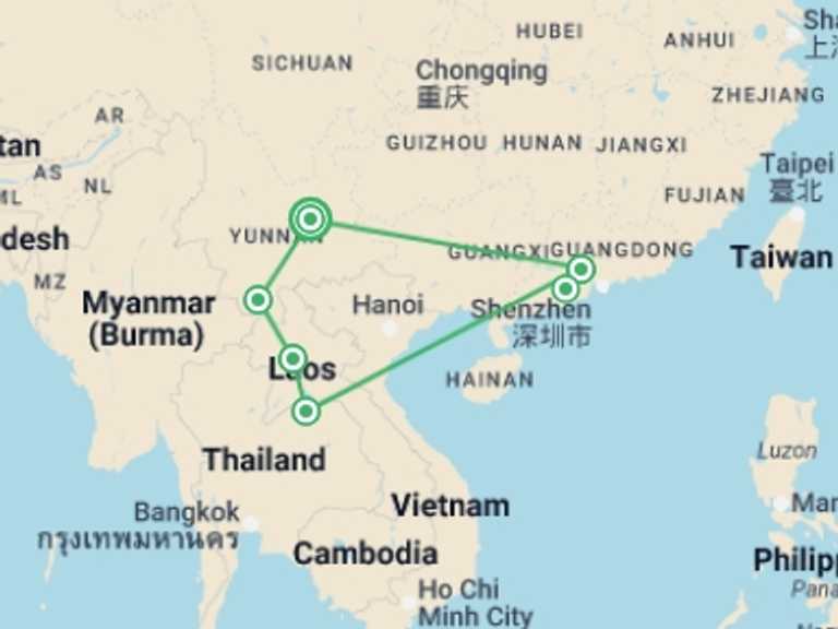 Map of China Tour with 5 destination visits for the trip: Cultural Gems And Vibrant Delights: A Trip To Yunan, Laos And Guangzhou Tour