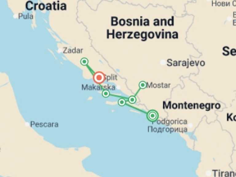 Map itinerary of Mostar Tour in Fall with 7 destination visits for the trip: Croatian Coastal Cruising: Dubrovnik to Split (Aurora)