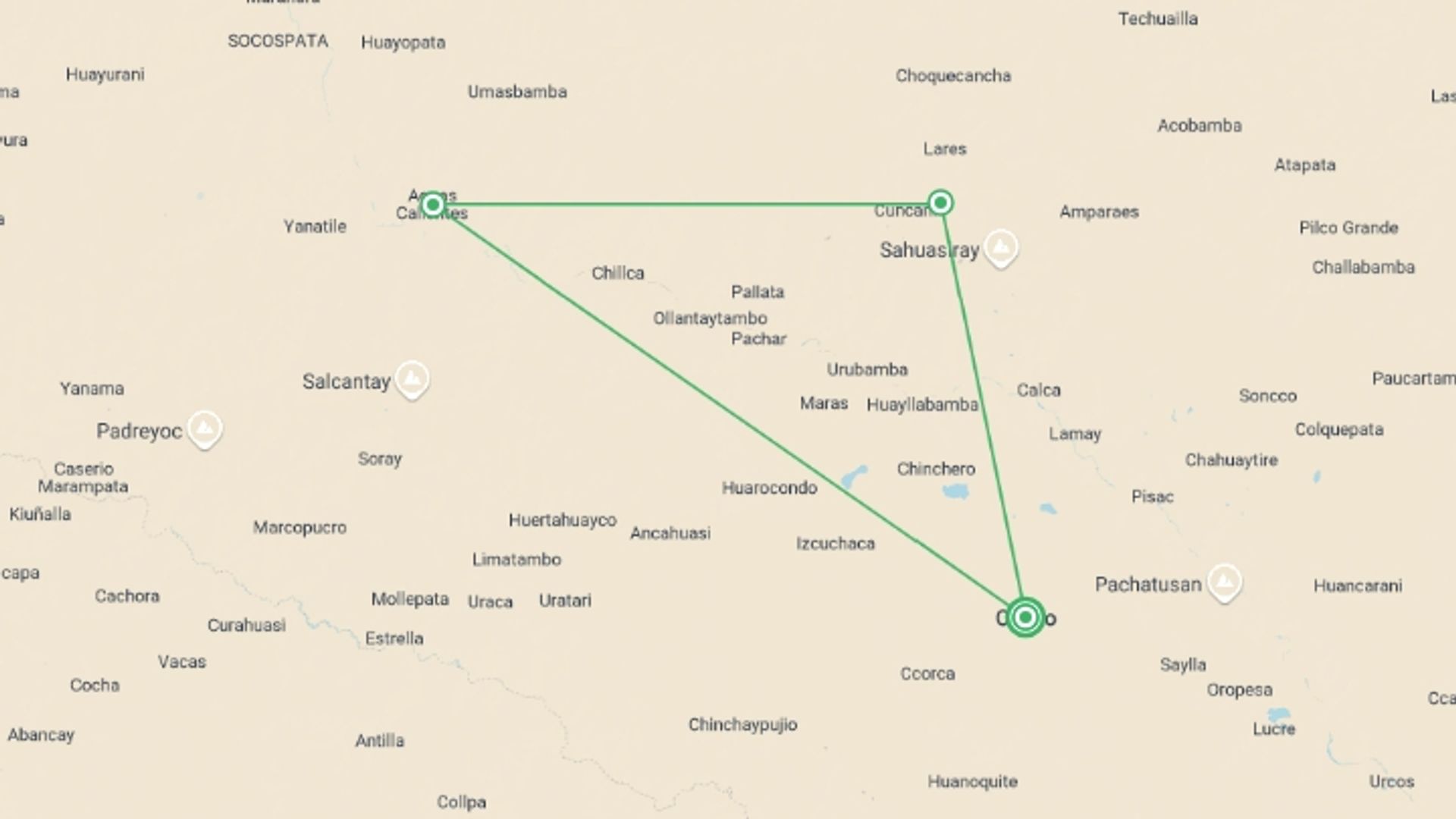 A map showing the tour itinerary for the trip: Lares Trek and Machu Picchu Tour, starting in Cusco, Peru and ending in Cusco, Peru going through 5 other destinations.