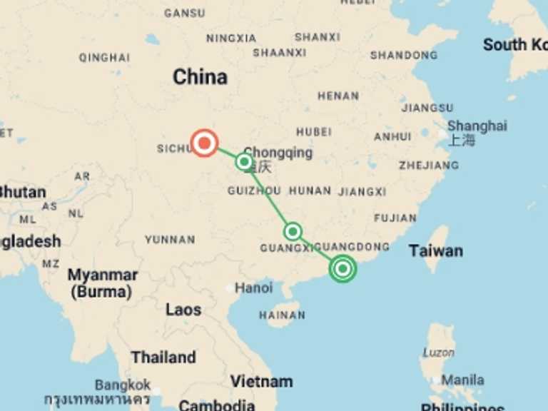 Map itinerary of Hong Kong Tour in October 2026 with 4 destination visits for the trip: Hong Kong to Chengdu - 11 days
