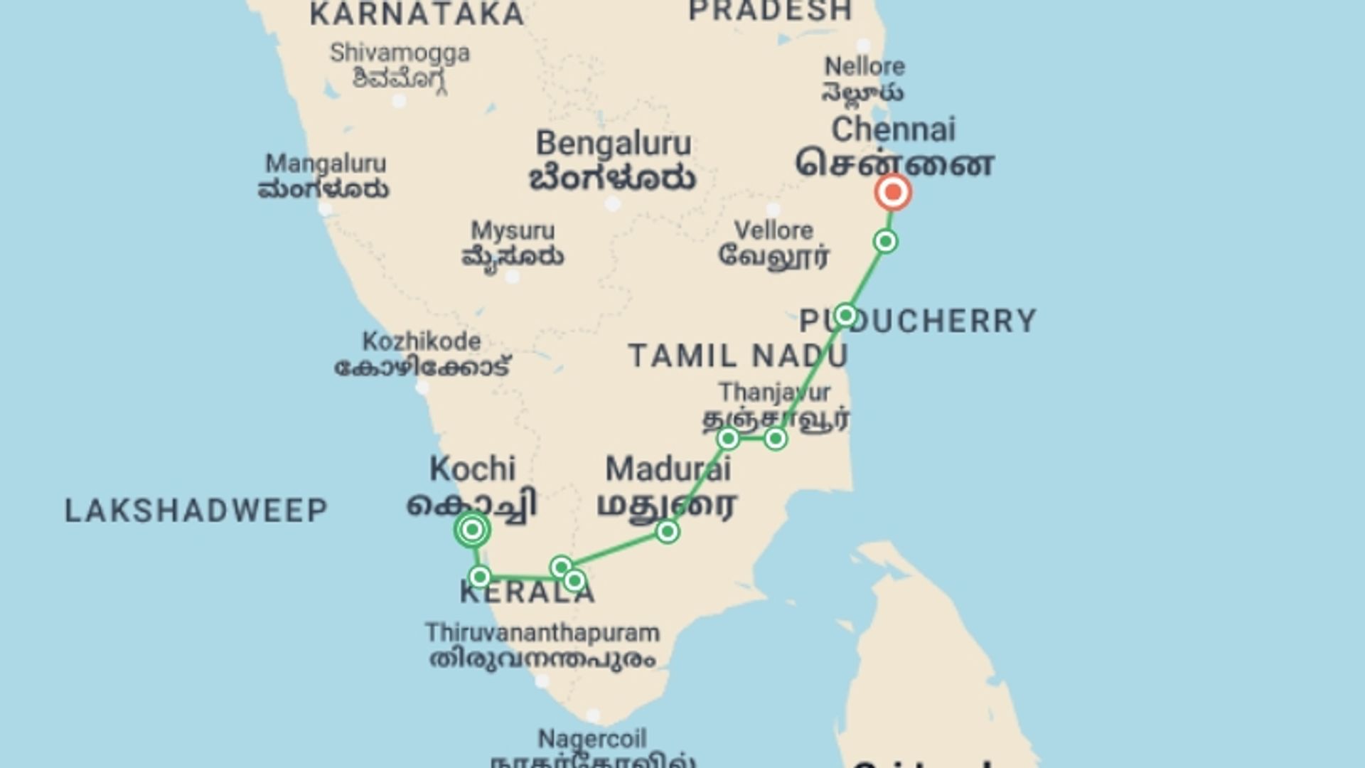 A map showing the tour itinerary for the trip: Best of Kerala & Tamil Nadu, starting in Kochi, India and ending in Chennai, India going through 8 other destinations.