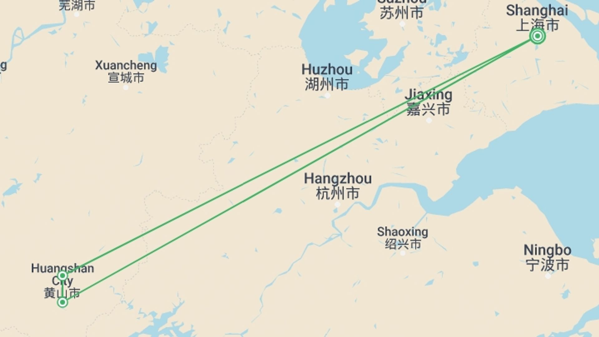 A map showing the tour itinerary for the trip: Explore Huangshan & Tangmo ancient towns, starting in Shanghai, China and ending in Shanghai, China going through 1 other destinations.