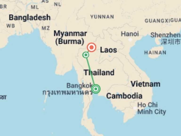 Map of Thailand Tour with 3 destination visits for the trip: Bangkok And Golden Triangle, Small Group Tour