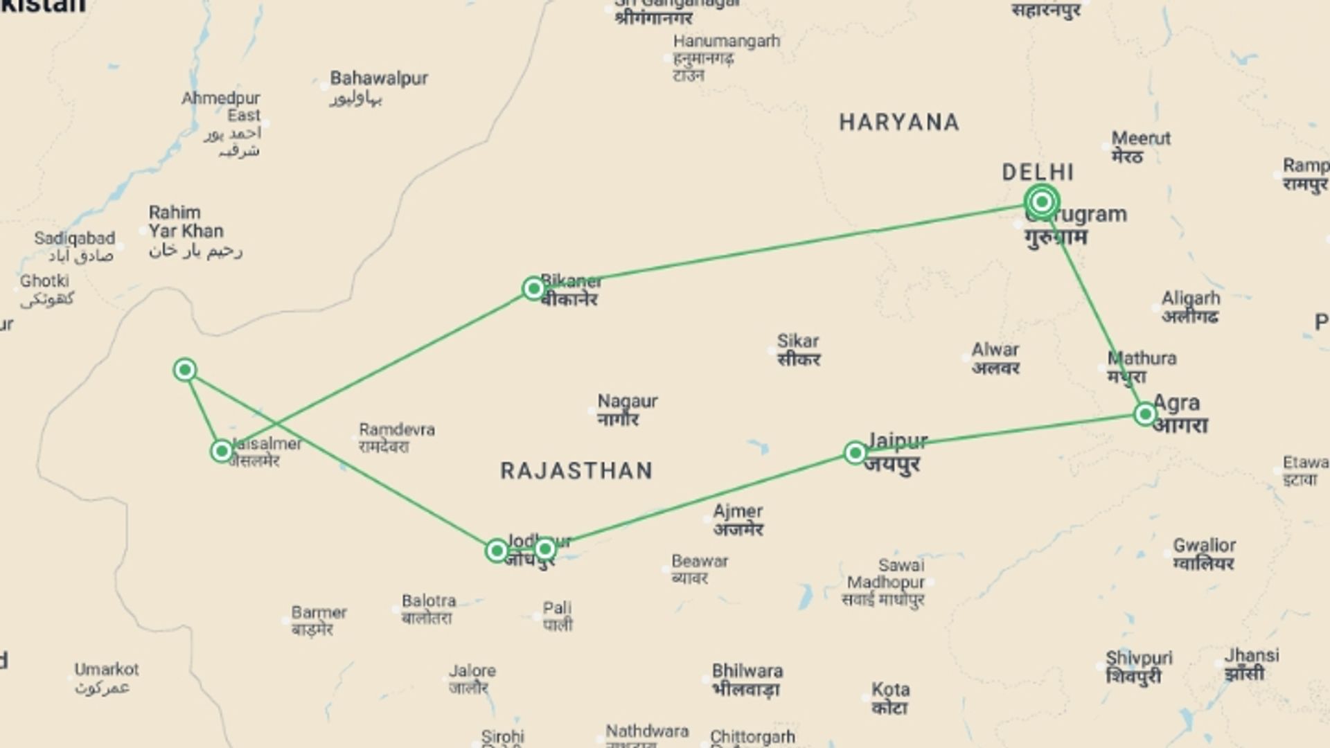 A map showing the tour itinerary for the trip: India: Women's Expedition, starting in New Delhi, India and ending in New Delhi, India going through 7 other destinations.