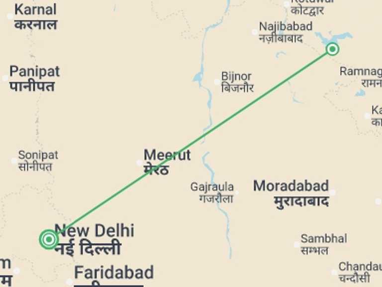 Map itinerary of New Delhi Tour in Fall with 2 destination visits for the trip: Corbett National Park - 4 days