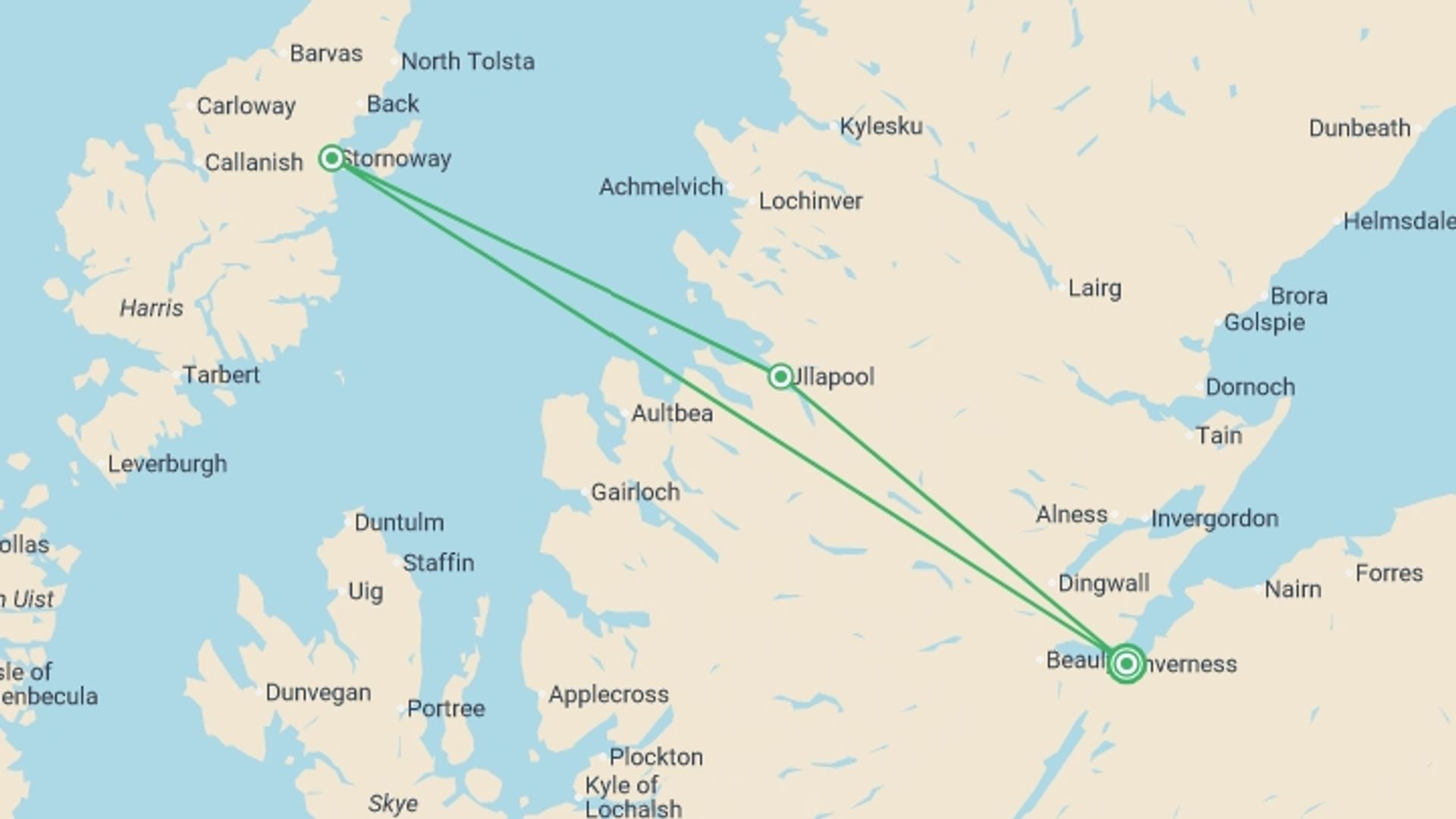 A map showing the tour itinerary for the trip: Inverness to the Outer Hebrides (Hotel) - 3 days, starting in Inverness, Scotland and ending in Inverness, Scotland going through 1 other destinations.