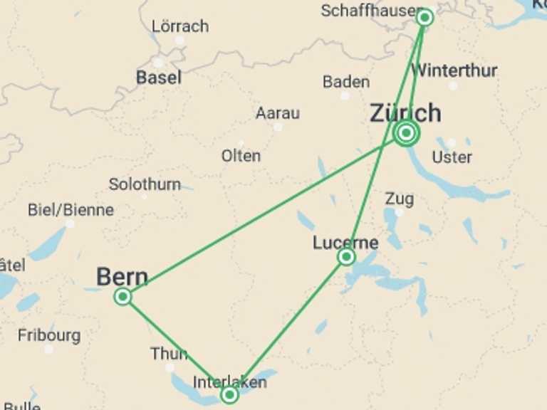 Map of Switzerland City sightseeing Tour with 4 destination visits for the trip: Classic Switzerland Self Drive