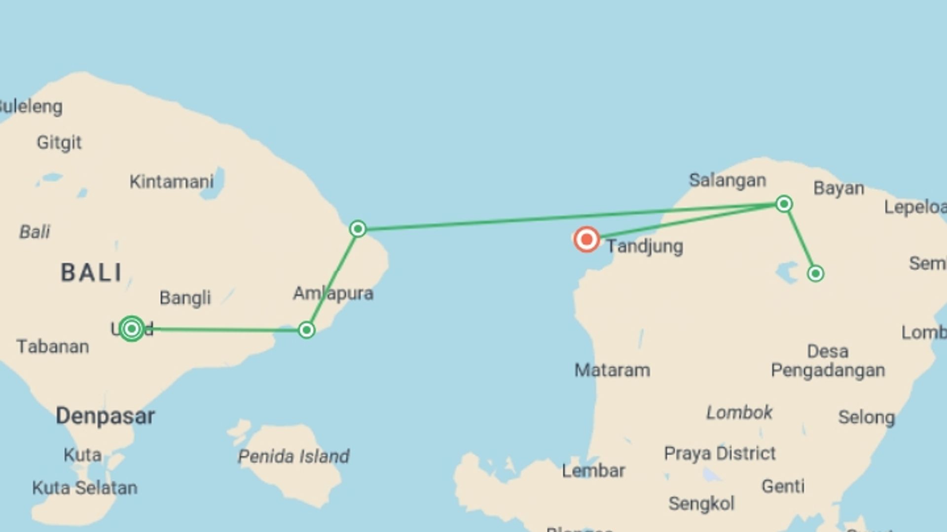 A map showing the tour itinerary for the trip: Bali, Lombok & Gili Islands: Hike, Bike, Raft & Snorkel, starting in Ubud, Indonesia and ending in Gili Islands, Indonesia going through 4 other destinations.