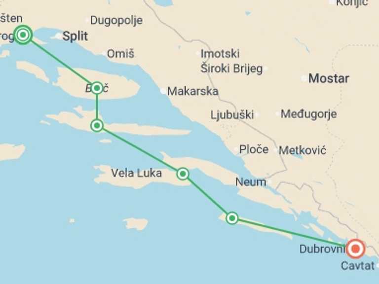 Map of Mediterranean Sightseeing Tour with 6 destination visits for the trip: Dalmatian Coast Island Hopping