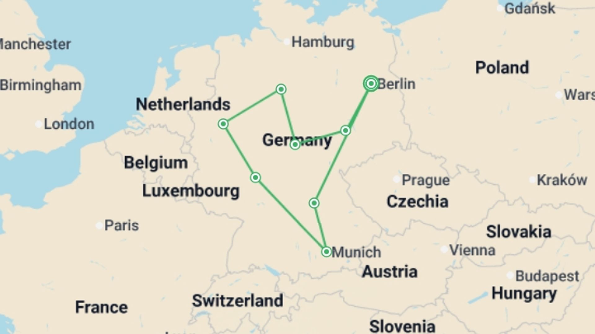 A map showing the tour itinerary for the trip: Great Cities and Castles Route with Berlin, starting in Berlin, Germany and ending in Berlin, Germany going through 7 other destinations.