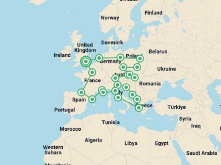 Map of Europe Tour with 22 destination visits for the trip: Mega European