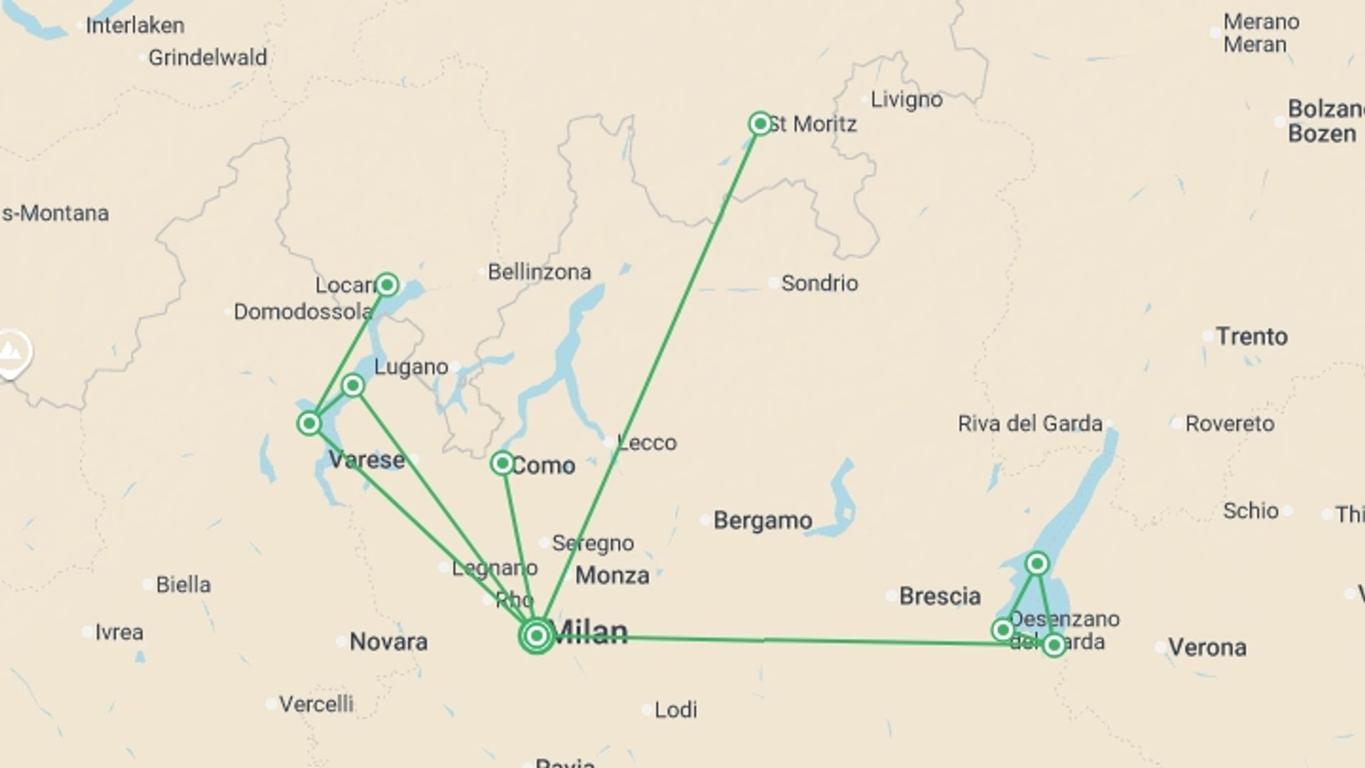 A map showing the tour itinerary for the trip: Lake Maggiore, Como & Garda - 12 days, starting in Milan, Italy and ending in Milan, Italy going through 5 other destinations.