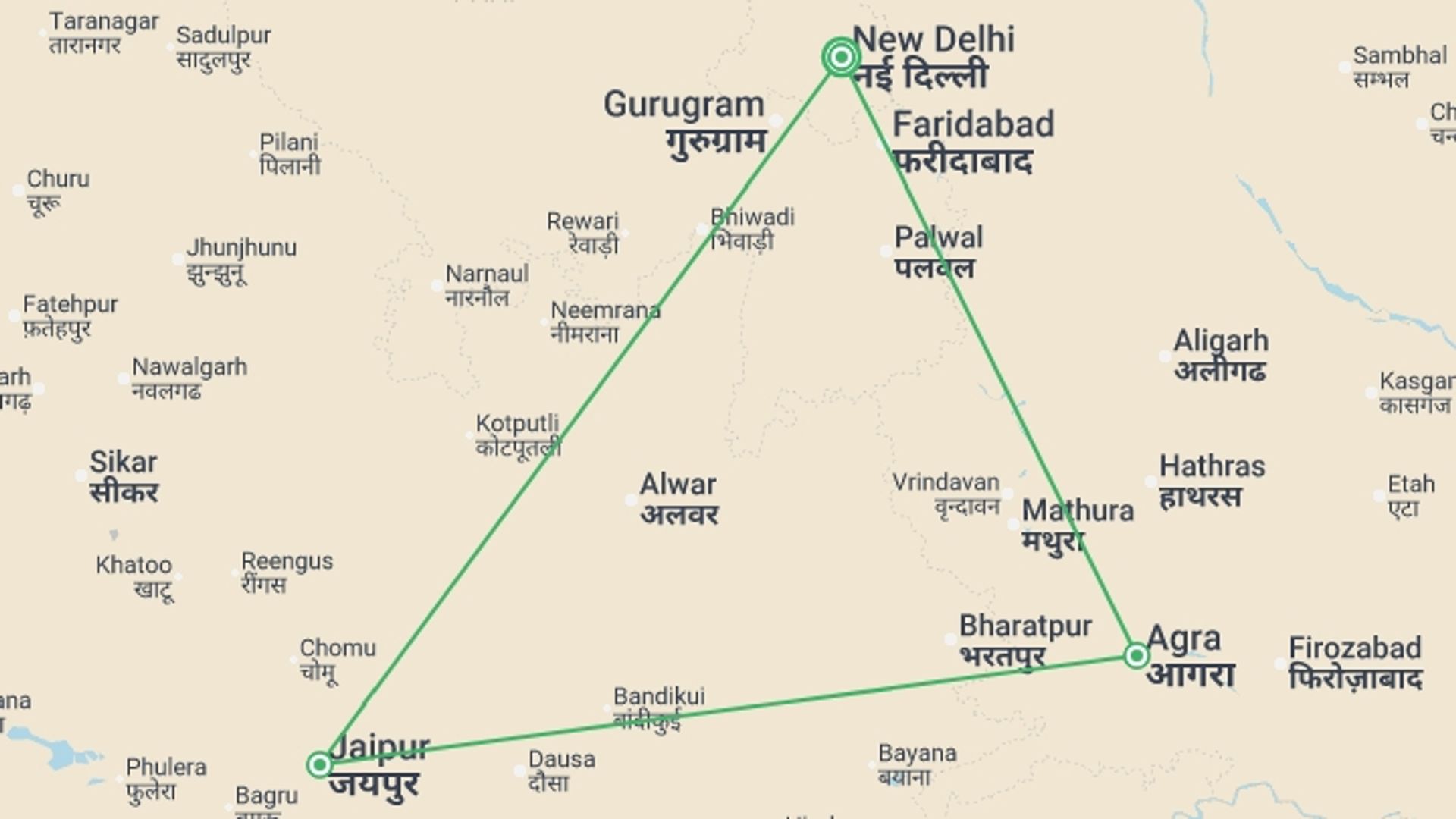 A map showing the tour itinerary for the trip: Golden Triangle Experience 8D/7N, starting in New Delhi, India and ending in New Delhi, India going through 2 other destinations.