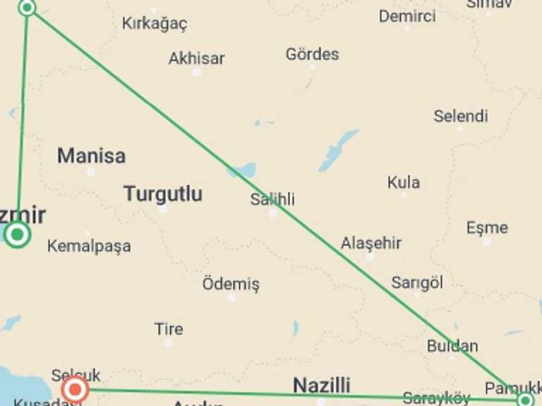 Map of a Bus Tour with 7 destination visits for the trip: 4-days Seven Churches Of Revelation
