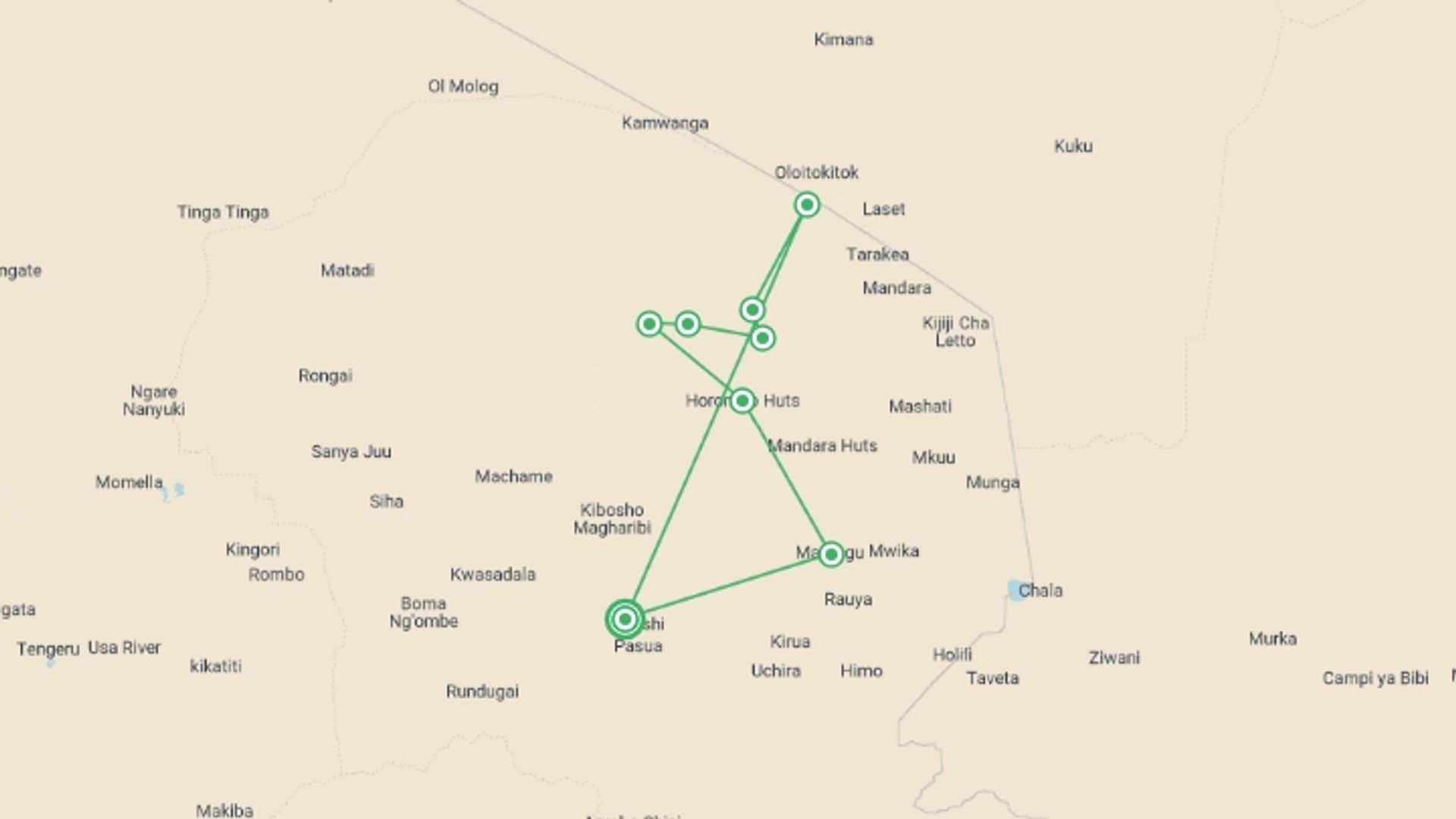 A map showing the tour itinerary for the trip: 8 Day Mt. Kilimanjaro Trek (Rongai Route), starting in Moshi, Tanzania and ending in Moshi, Tanzania going through 8 other destinations.