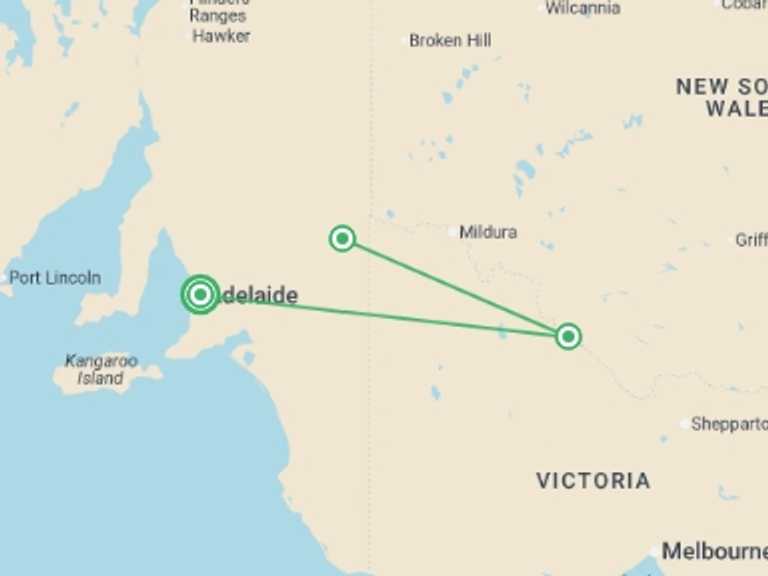 Map of Oceania Sightseeing Tour with 3 destination visits for the trip: South Australia Murray River Cruise & Wine