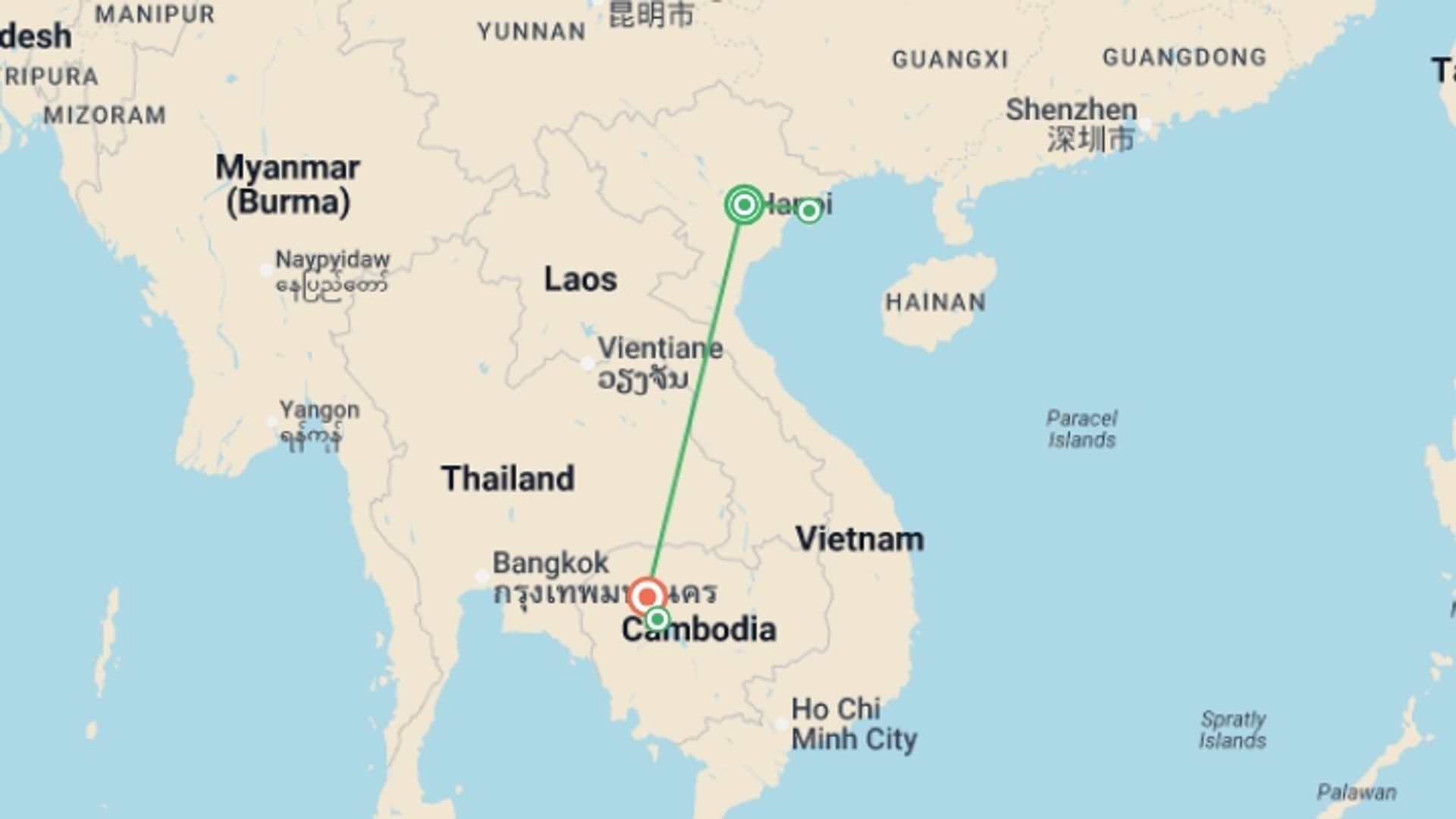 A map showing the tour itinerary for the trip: Pearls of Vietnam & Cambodia - 8 days, starting in Hanoi, Vietnam and ending in Siem Reap, Cambodia going through 3 other destinations.