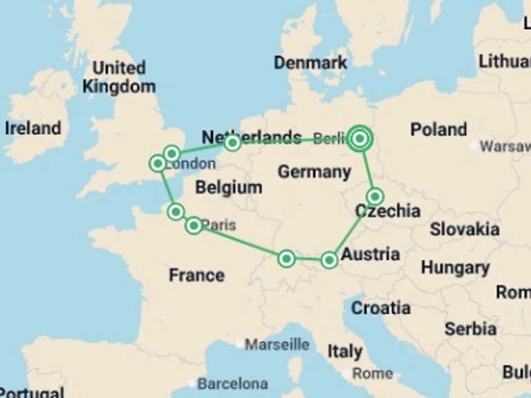 Map itinerary of Europe Tour in July 2026 with 9 destination visits for the trip: Vibrant Cities GO