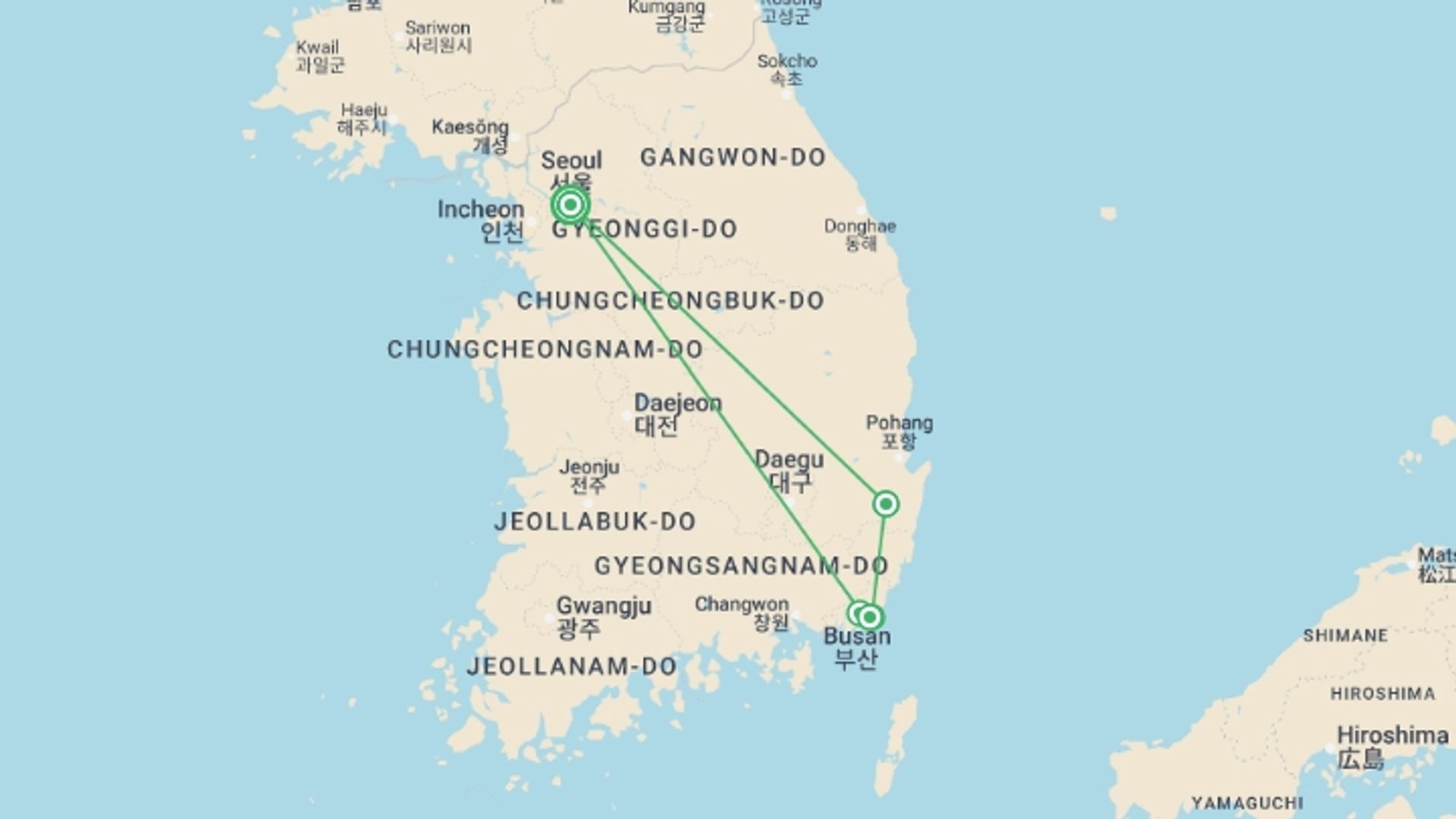A map showing the tour itinerary for the trip: Best of South Korea, starting in Seoul, South Korea and ending in Seoul, South Korea going through 2 other destinations.