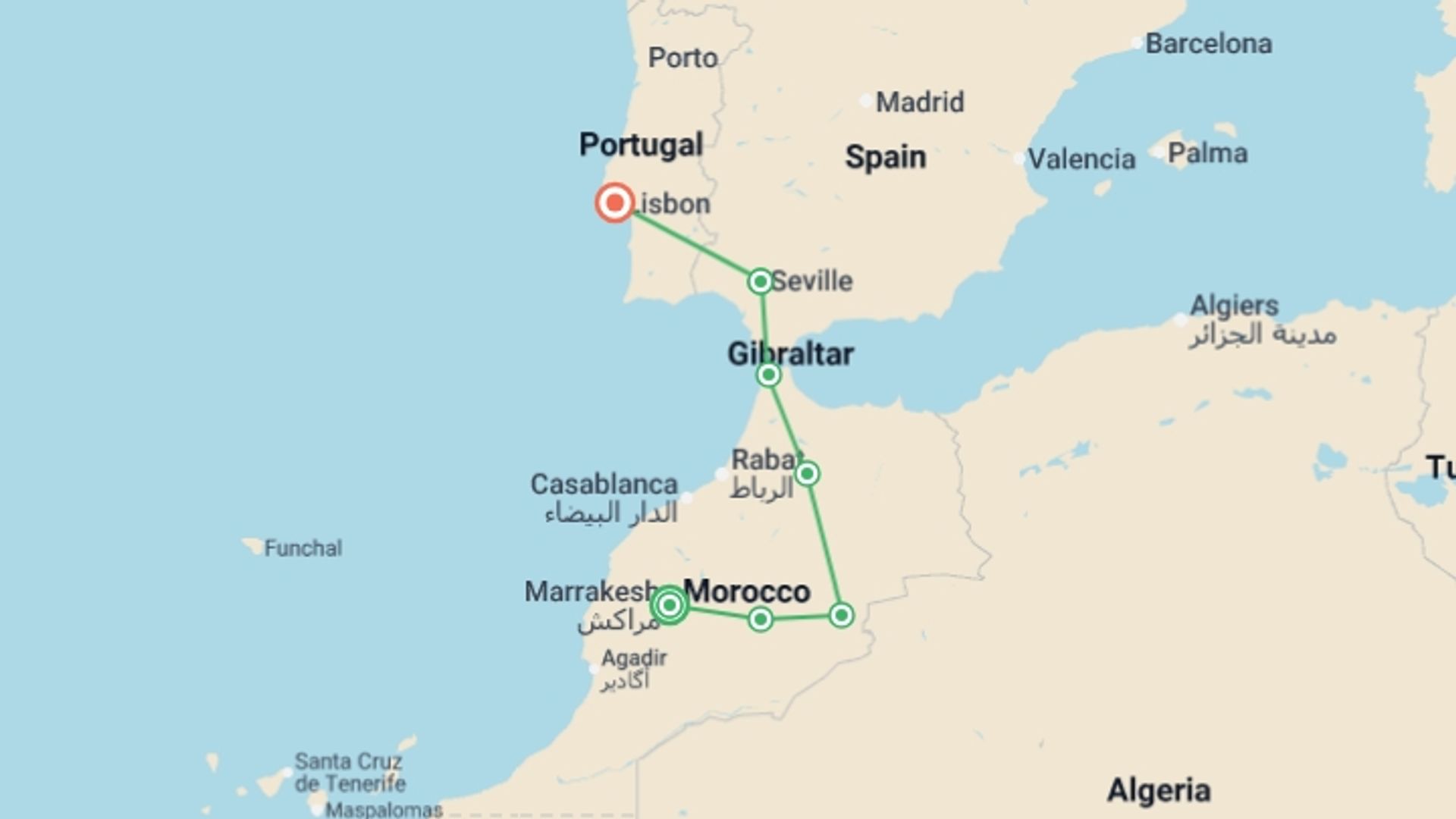 A map showing the tour itinerary for the trip: From Marrakesh to Lisbon, starting in Marrakech, Morocco and ending in Lisbon, Portugal going through 5 other destinations.