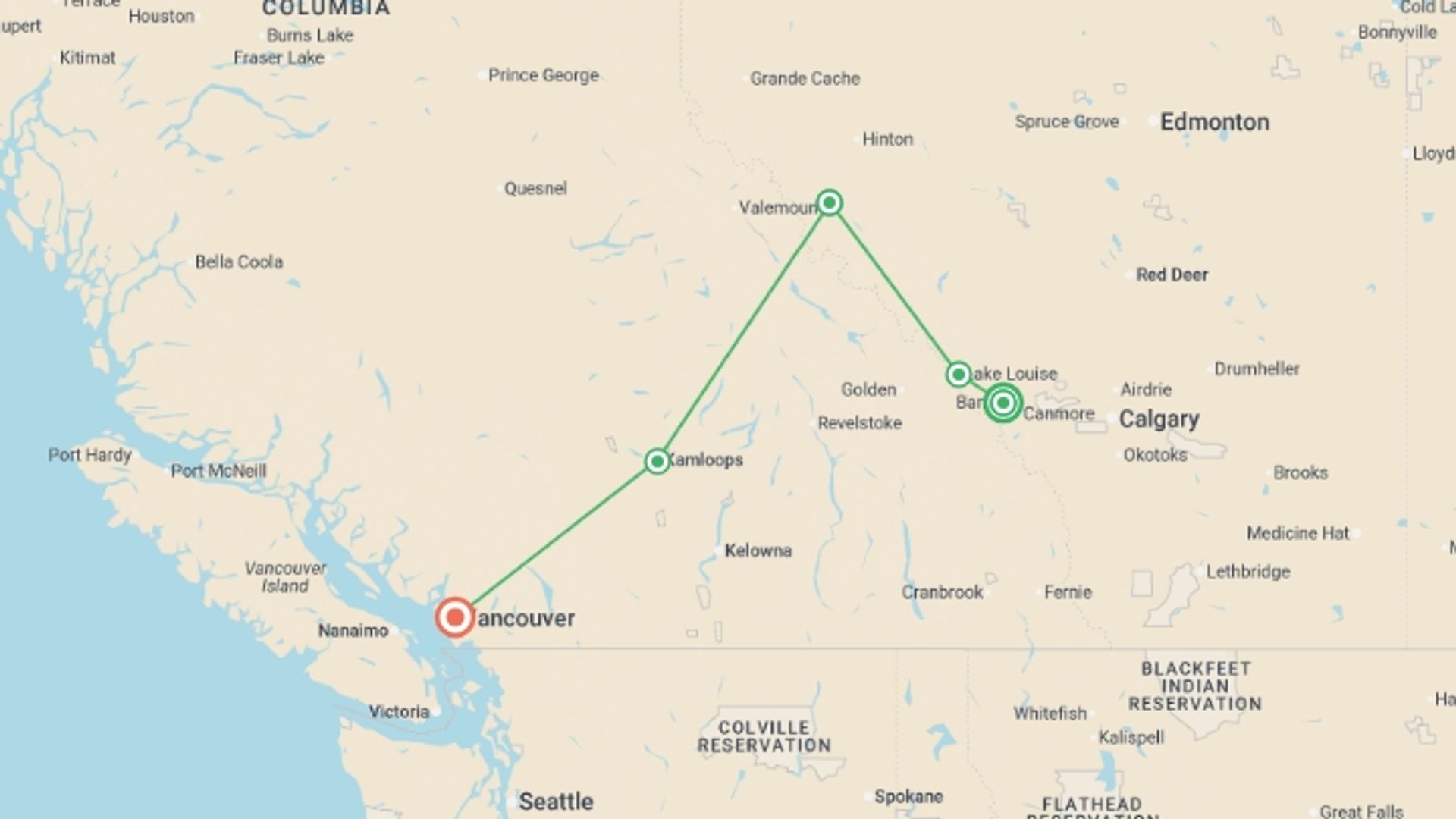 A map showing the tour itinerary for the trip: Majesty of the Rockies, starting in Banff, Canada and ending in Vancouver, Canada going through 4 other destinations.
