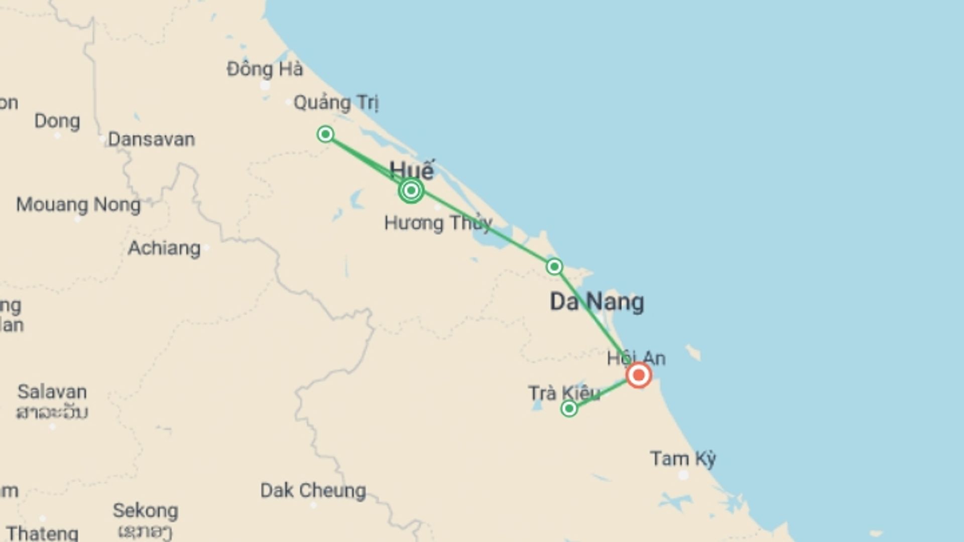A map showing the tour itinerary for the trip: Vietnam Heritage by Bicycle, starting in Hue, Vietnam and ending in Hoi An, Vietnam going through 3 other destinations.